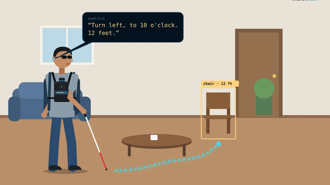 Flat illustration: a dotted route across a living room to a chair by the door