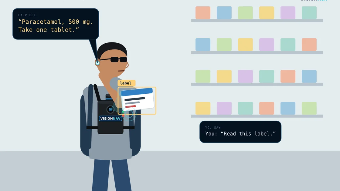 Flat illustration: holding up a medicine box in front of pharmacy shelves