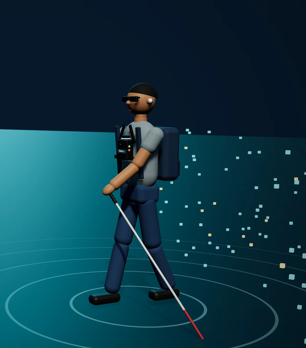 3D illustration: a man with a white cane walks forward wearing the VisionNav chest unit and an earpiece, while scan rings and LiDAR points spread across the floor around him