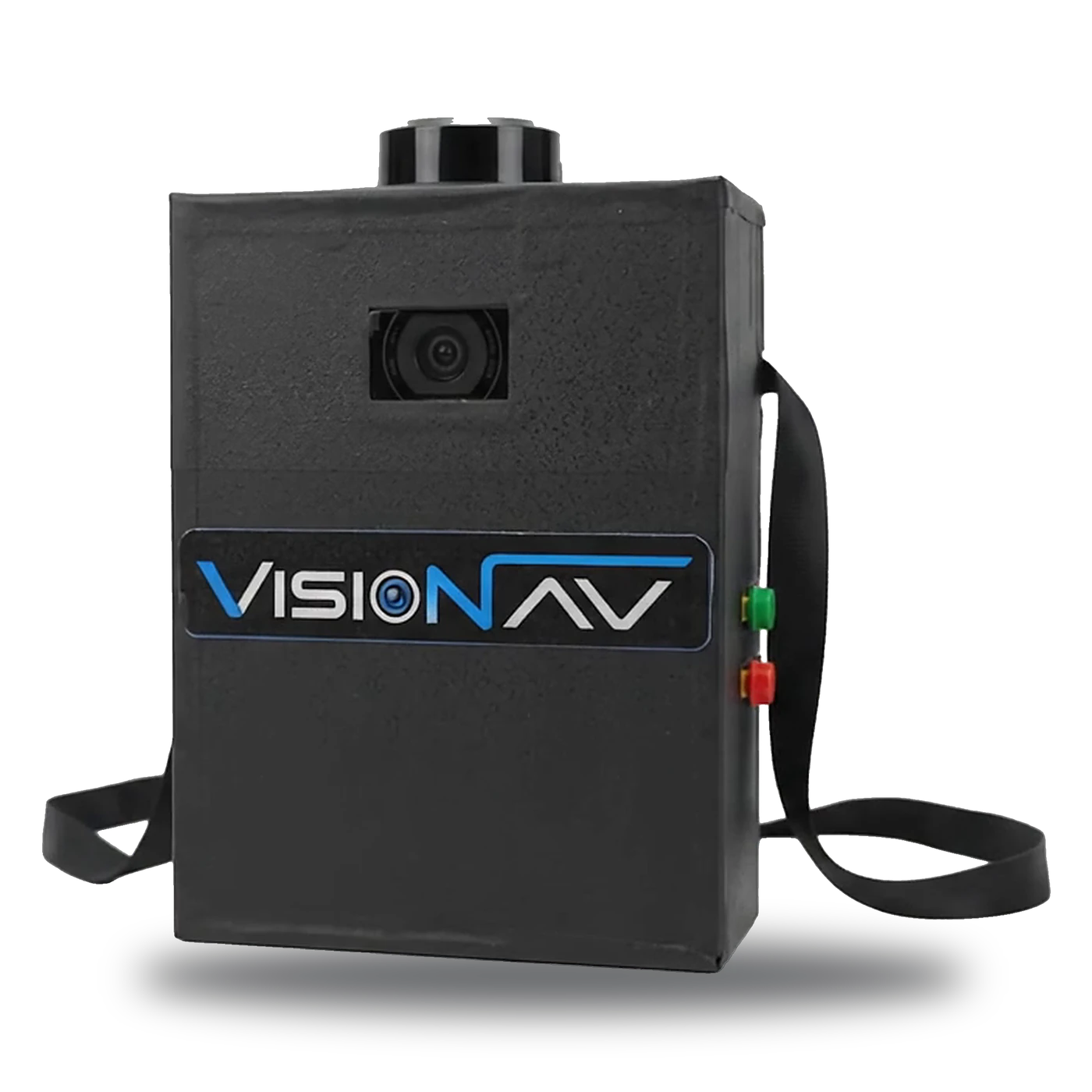 The real VisionNav prototype from the front: the round LiDAR on top, a camera window, the VisionNav logo plate, and green MODE and red LOOK buttons on its right side; the TALK and HAND/FACE buttons are on the left side, out of view