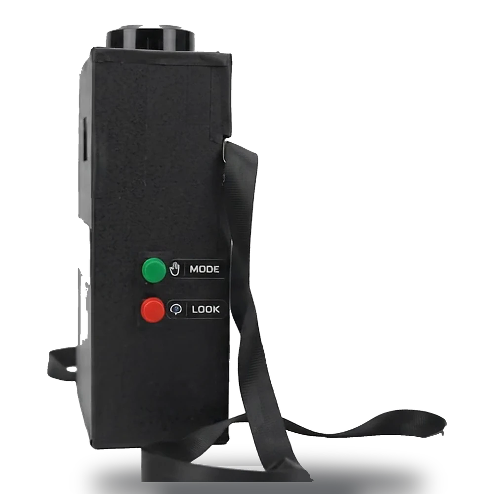 The prototype from the side: the green MODE and red LOOK buttons with small printed labels, and the strap