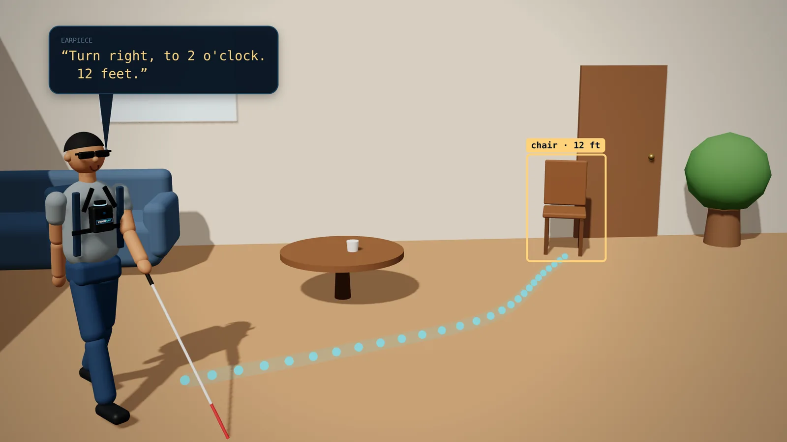 3D illustration: in a living room he follows a dotted route past the coffee table to a chair tagged “chair · 12 ft” beside the door; the earpiece says “Turn right, to 2 o'clock. 12 feet.”