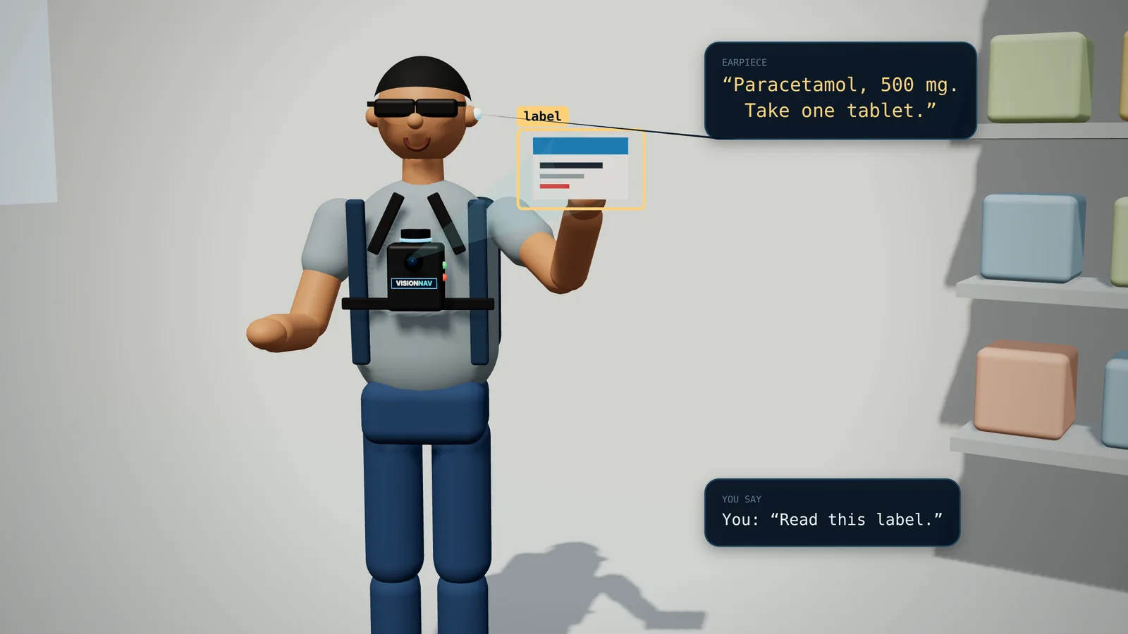 3D illustration: in a pharmacy aisle he holds up a medicine box tagged “label”; he asks “Read this label” and the earpiece says “Paracetamol, 500 mg. Take one tablet.”