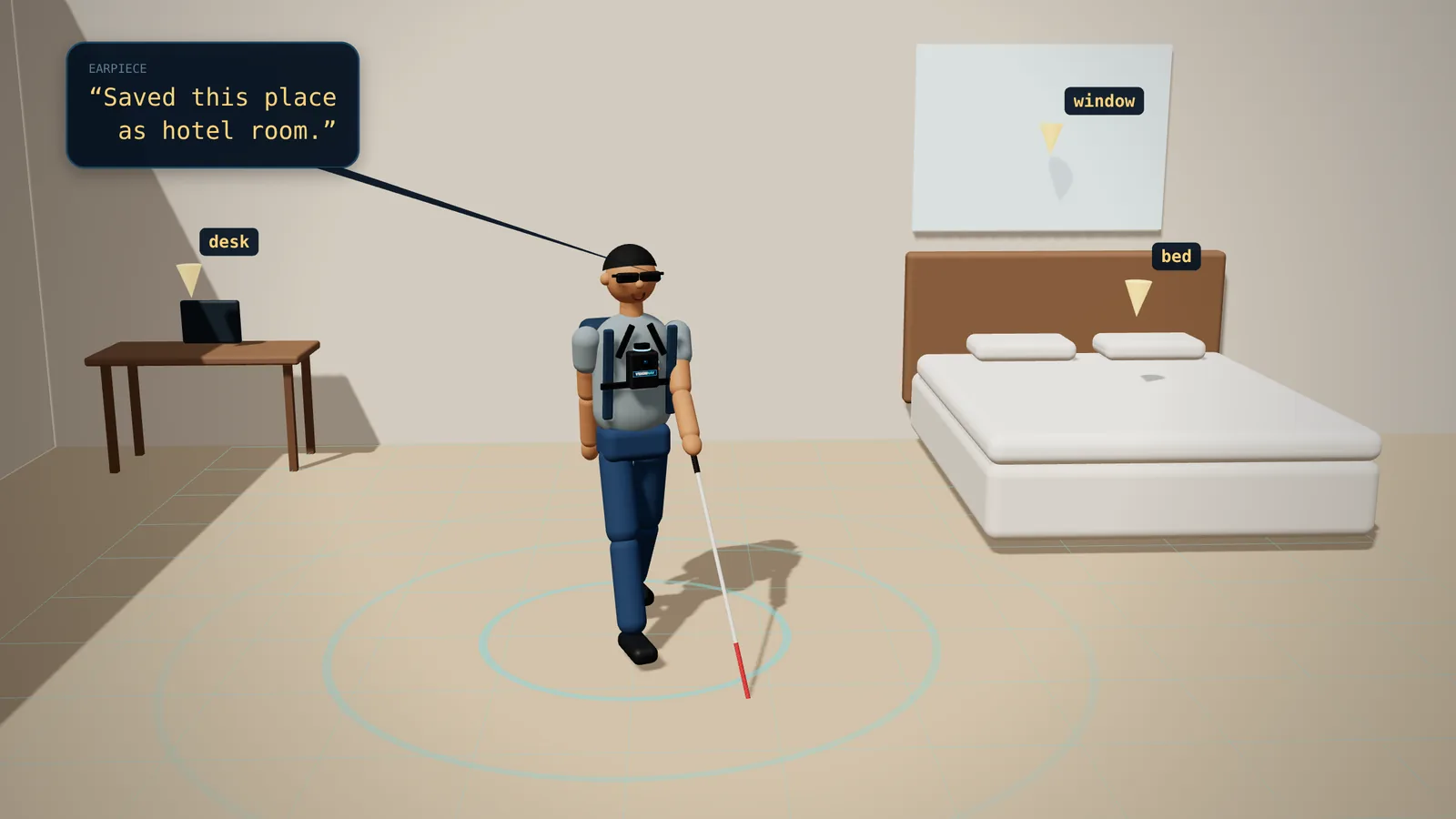 3D illustration: he walks into a hotel room while a scan ring spreads on the floor; the desk, the bed and the window are tagged, and the earpiece says “Saved this place as hotel room.”