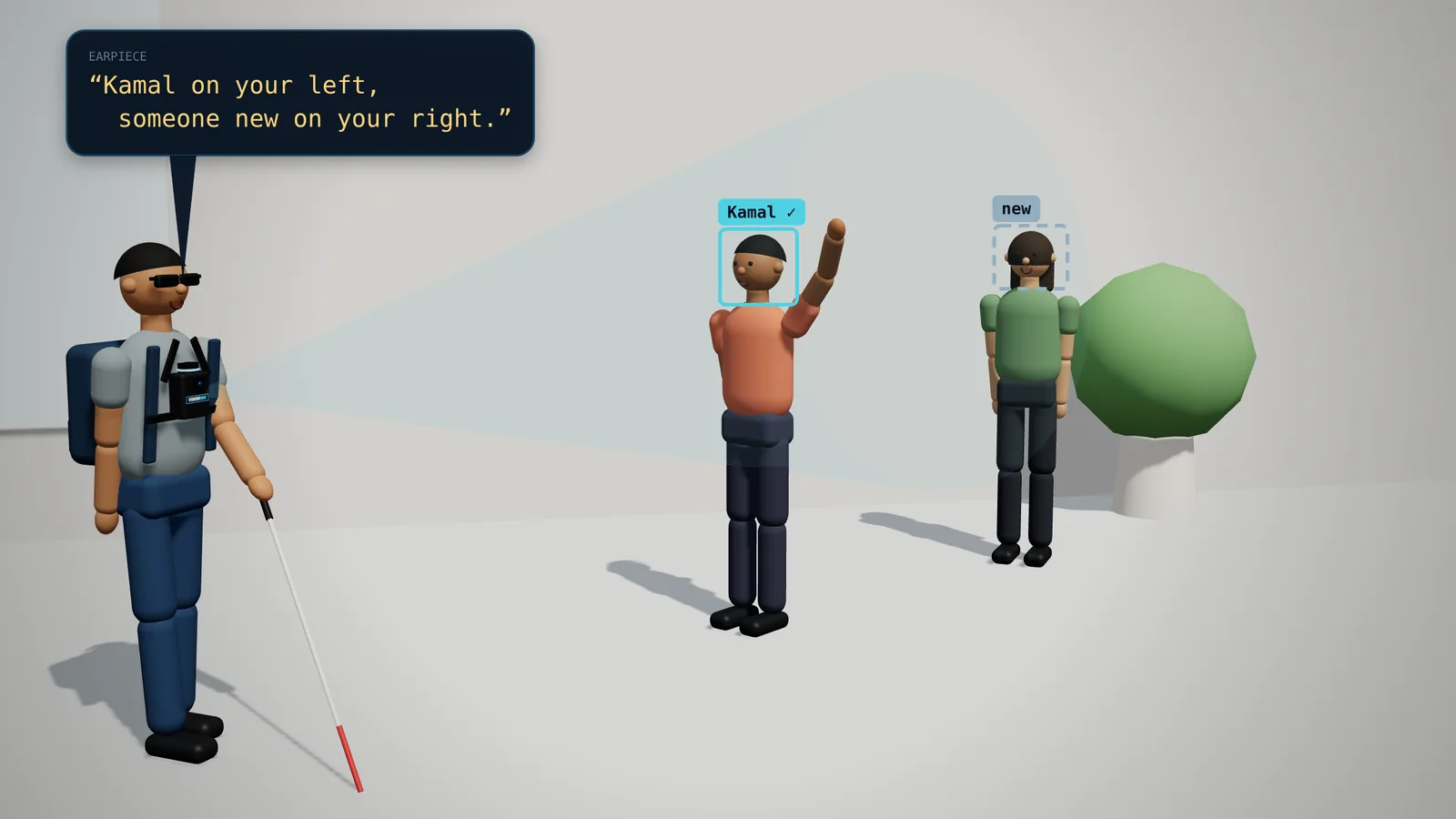 3D illustration: two people stand ahead of him; one waving is tagged “Kamal”, the other “new”, and the earpiece says “Kamal on your left, someone new on your right.”